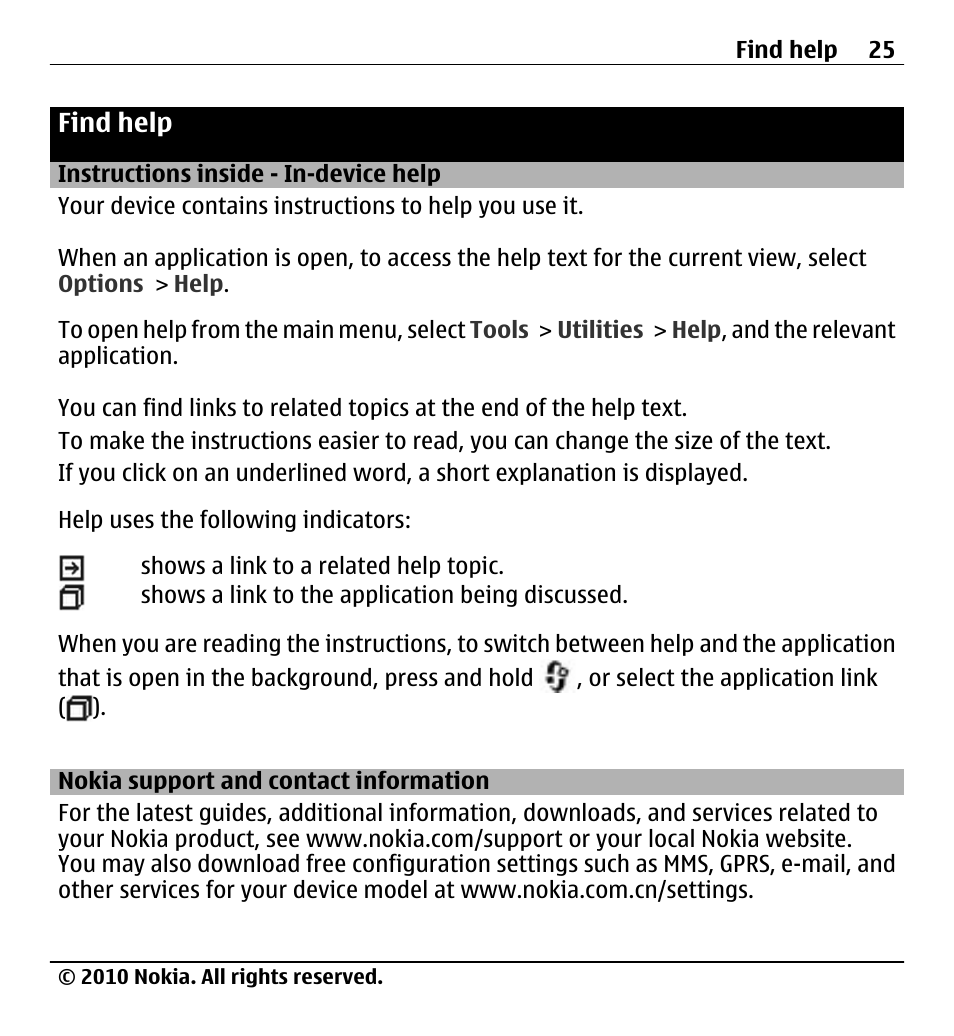 Find help, Instructions inside - in-device help, Nokia support and contact information | Instructions inside - in-device, Help, Nokia support and contact, Information | Nokia X500 User Manual | Page 25 / 121
