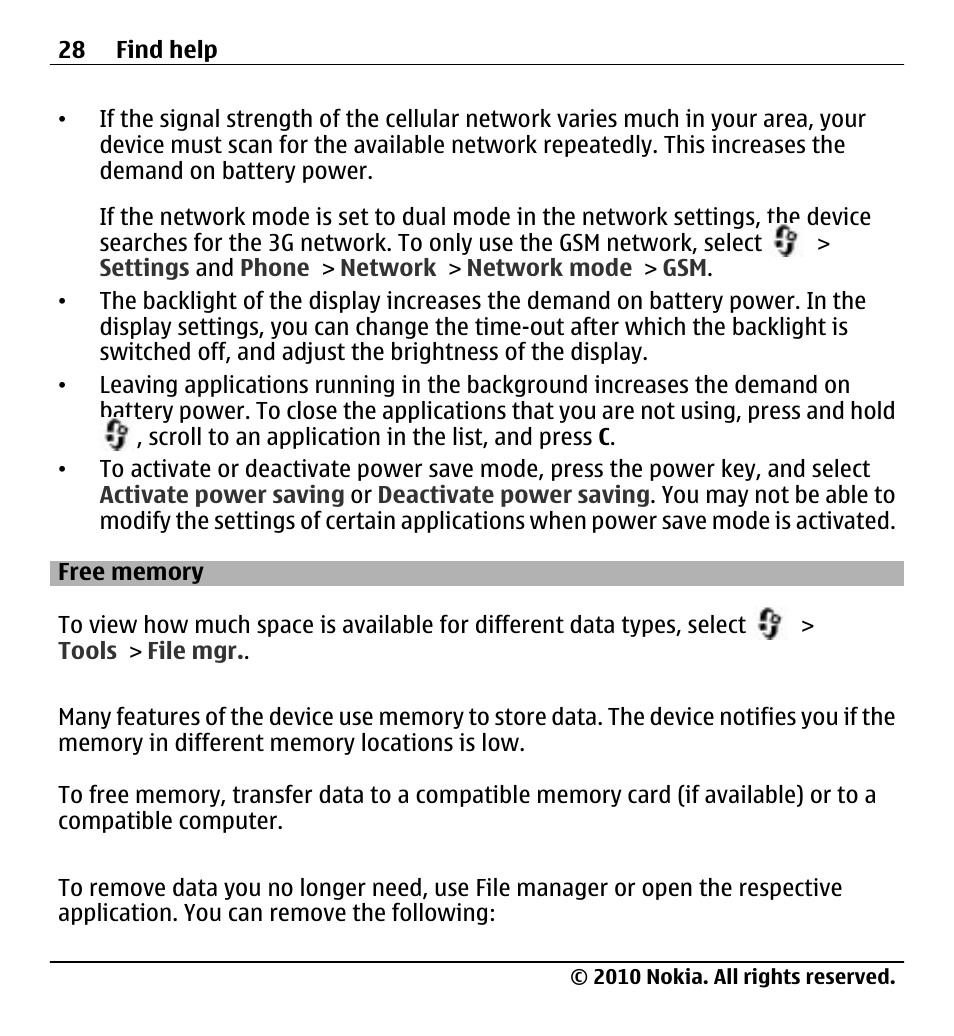 Free memory | Nokia X500 User Manual | Page 28 / 121