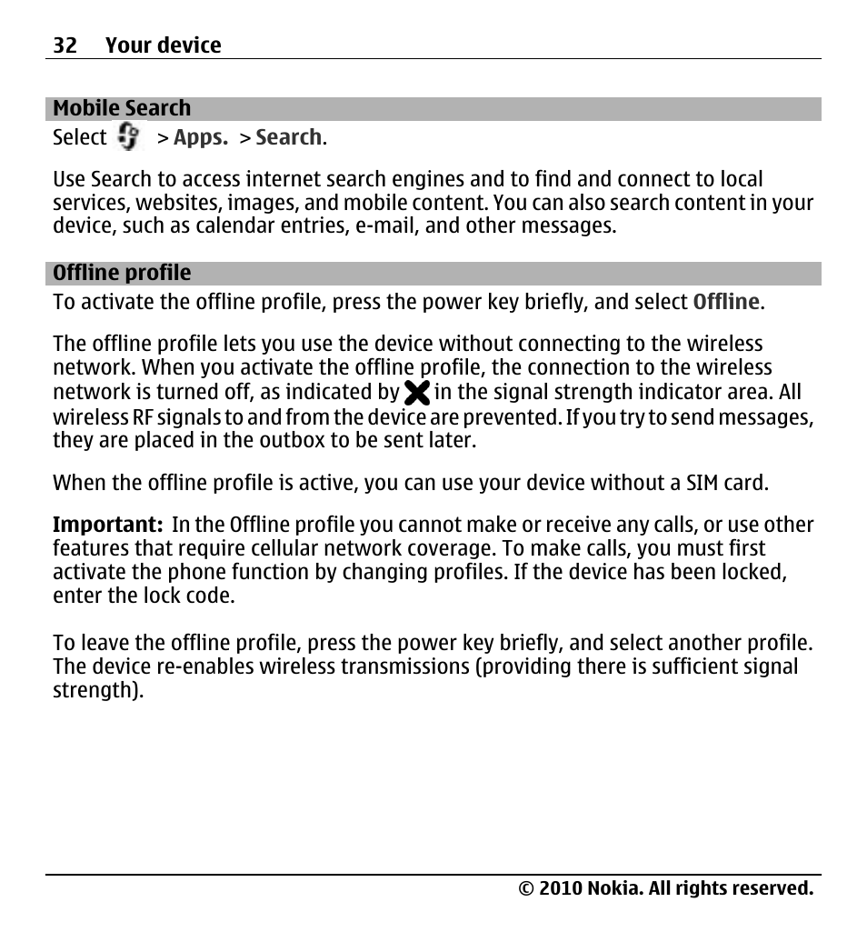 Mobile search, Offline profile | Nokia X500 User Manual | Page 32 / 121