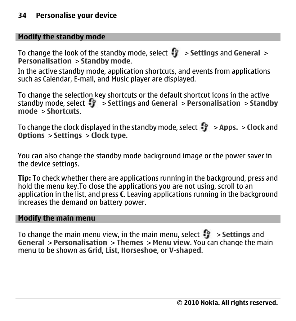 Modify the standby mode, Modify the main menu | Nokia X500 User Manual | Page 34 / 121