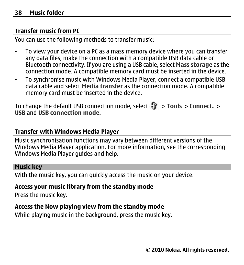 Transfer music from pc, Transfer with windows media player, Music key | Nokia X500 User Manual | Page 38 / 121