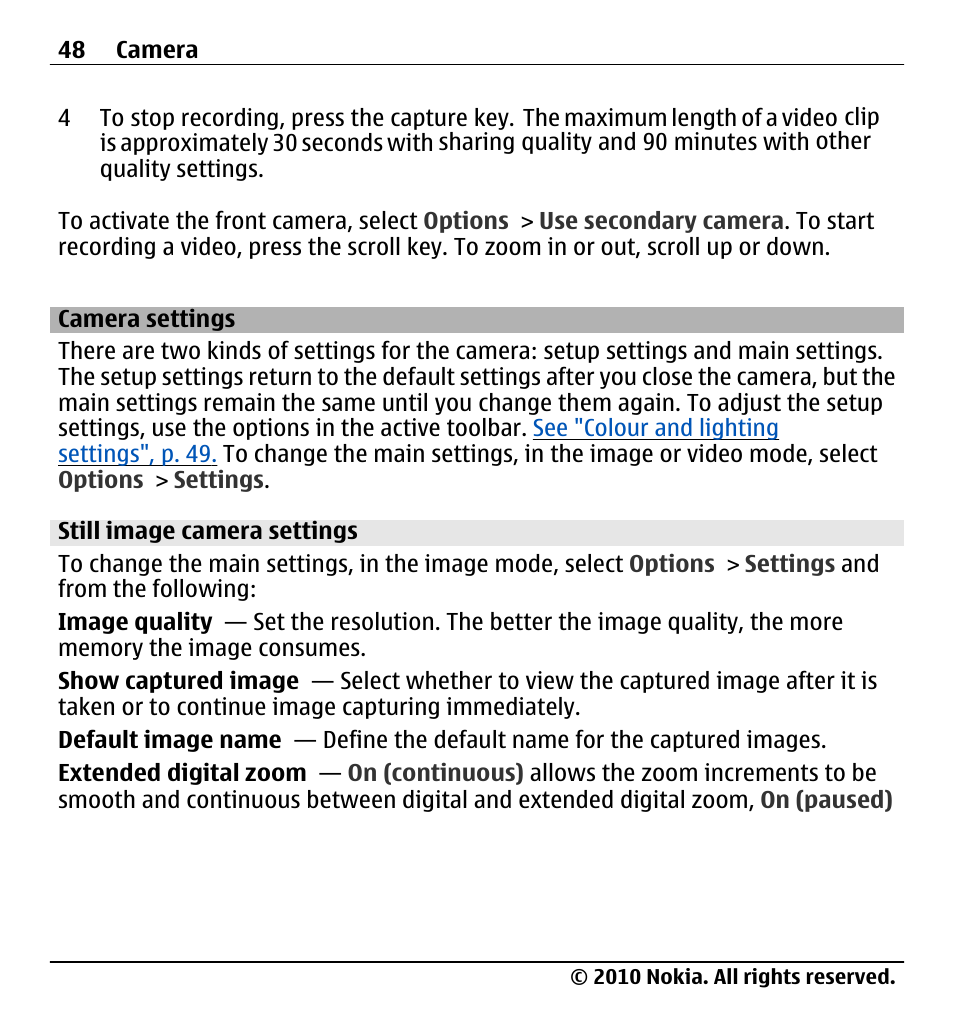 Camera settings, Still image camera settings | Nokia X500 User Manual | Page 48 / 121