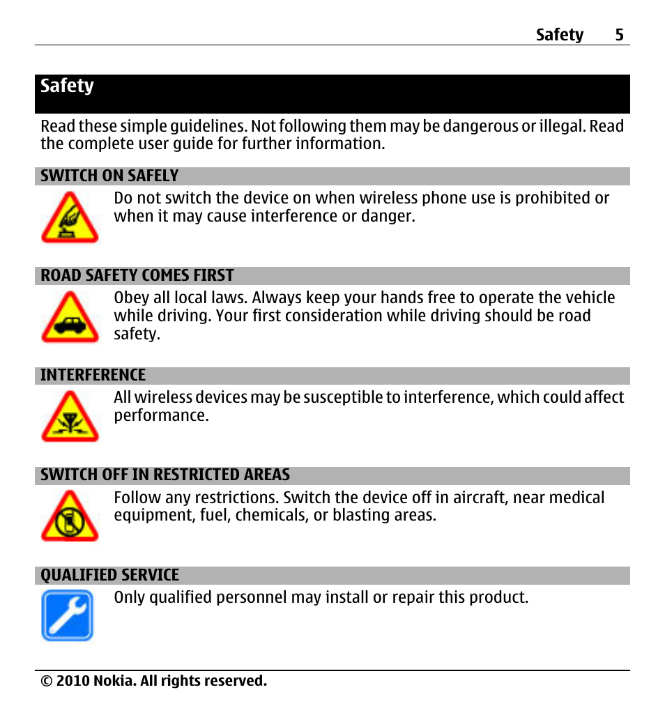 Safety, Switch on safely, Road safety comes first | Interference, Switch off in restricted areas, Qualified service | Nokia X500 User Manual | Page 5 / 121