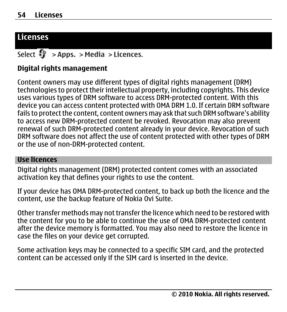 Licenses, Use licences | Nokia X500 User Manual | Page 54 / 121