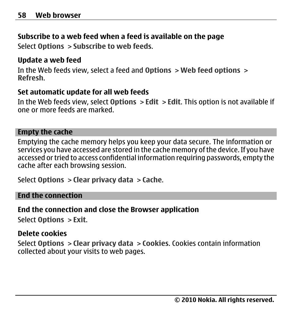 Empty the cache, End the connection | Nokia X500 User Manual | Page 58 / 121