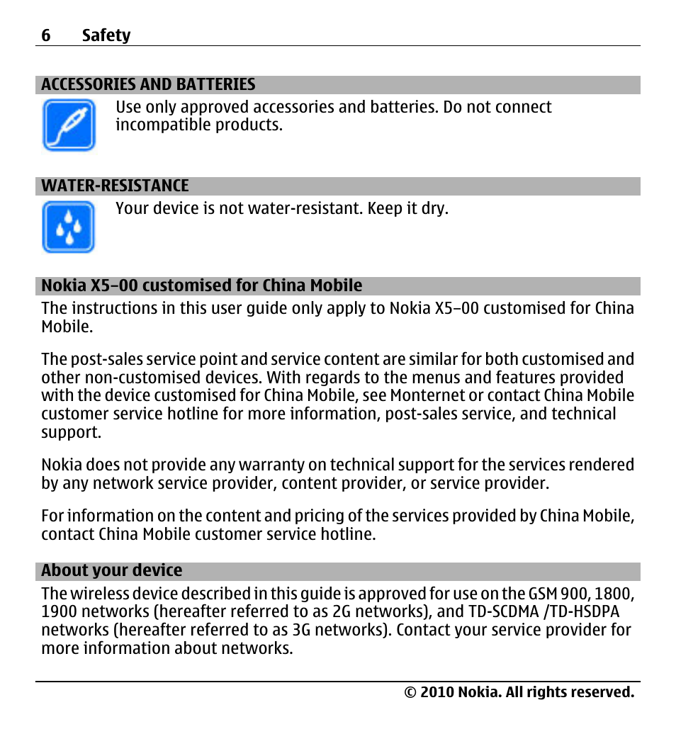 Accessories and batteries, Water-resistance, Nokia x5–00 customised for china mobile | About your device, Nokia x5–00 customised for china, Mobile | Nokia X500 User Manual | Page 6 / 121