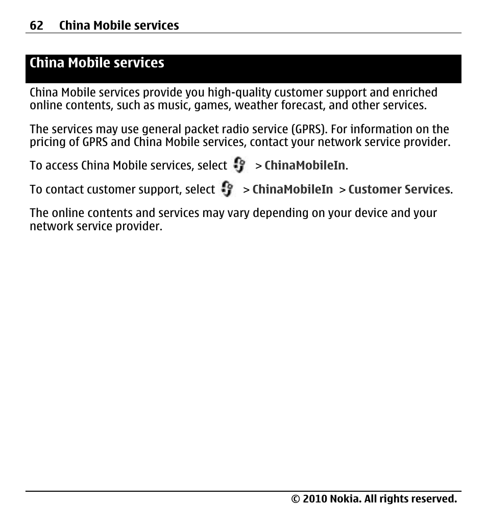 China mobile services | Nokia X500 User Manual | Page 62 / 121