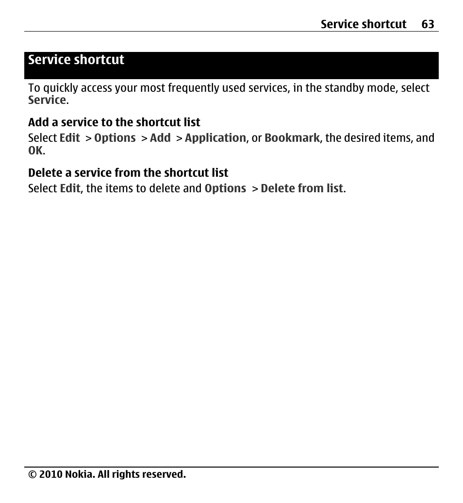 Service shortcut | Nokia X500 User Manual | Page 63 / 121