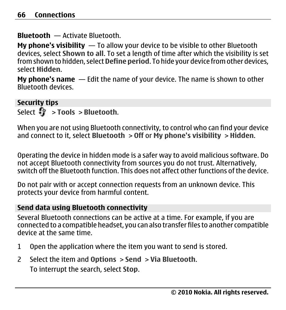 Security tips, Send data using bluetooth connectivity | Nokia X500 User Manual | Page 66 / 121