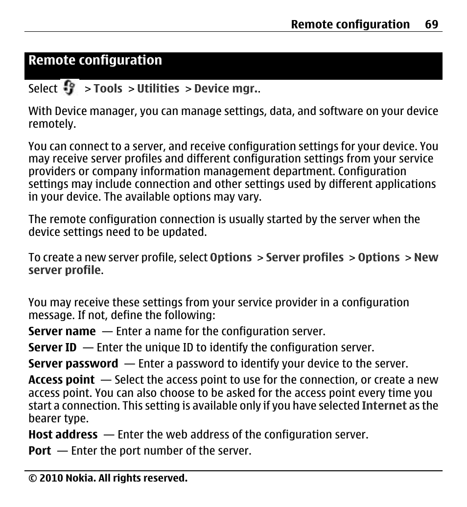 Remote configuration | Nokia X500 User Manual | Page 69 / 121