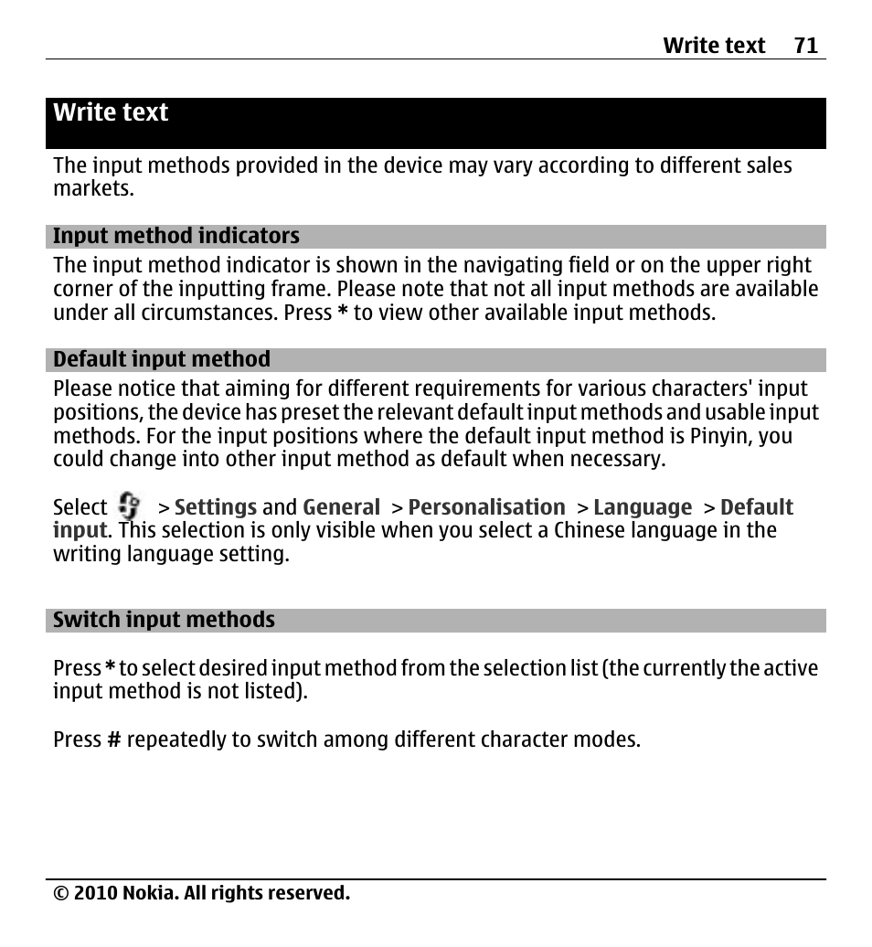 Write text, Input method indicators, Default input method | Switch input methods | Nokia X500 User Manual | Page 71 / 121