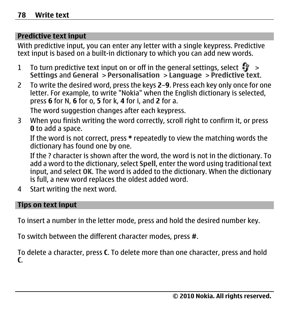 Predictive text input, Tips on text input | Nokia X500 User Manual | Page 78 / 121