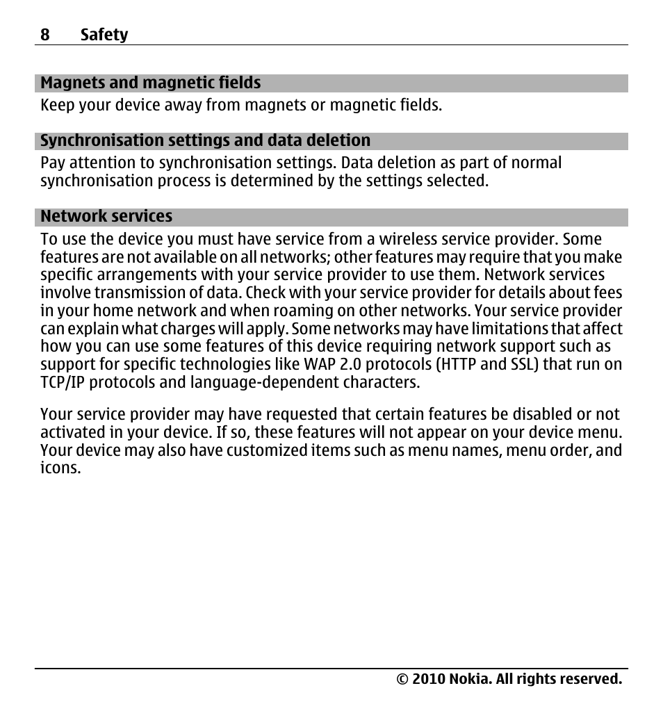 Magnets and magnetic fields, Synchronisation settings and data deletion, Network services | Synchronisation settings and data, Deletion | Nokia X500 User Manual | Page 8 / 121