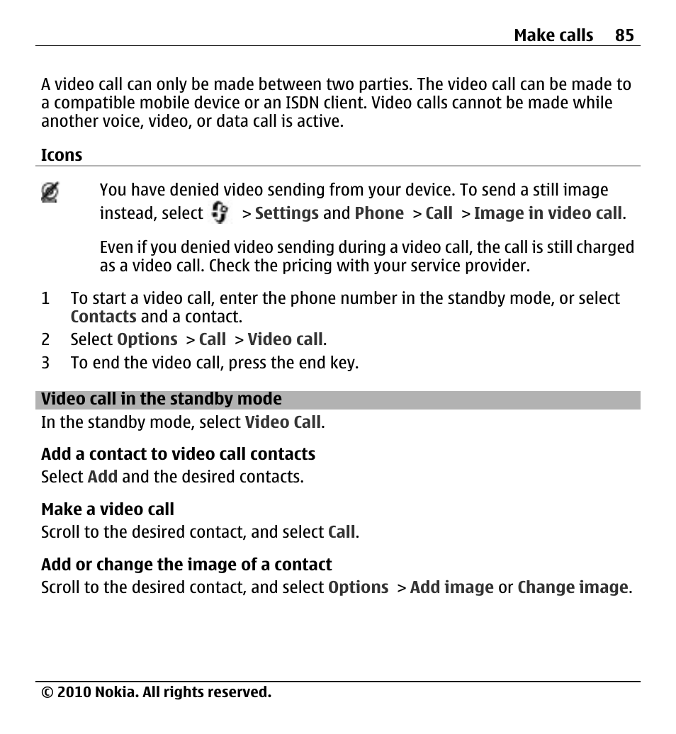 Video call in the standby mode | Nokia X500 User Manual | Page 85 / 121