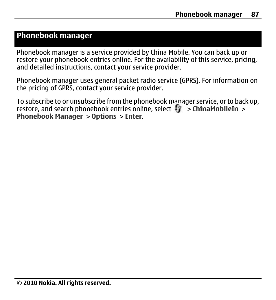 Phonebook manager | Nokia X500 User Manual | Page 87 / 121