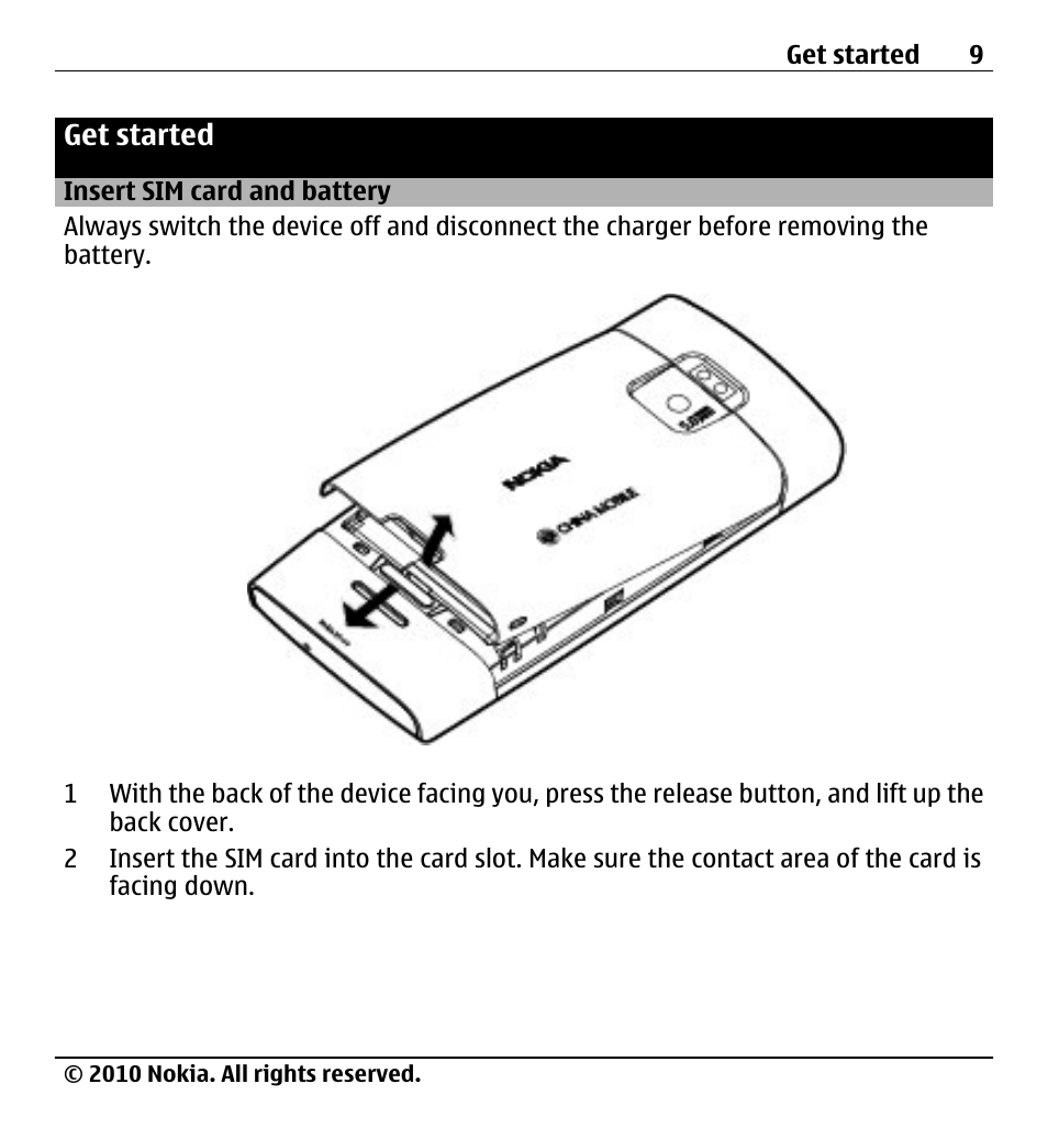 Get started, Insert sim card and battery | Nokia X500 User Manual | Page 9 / 121