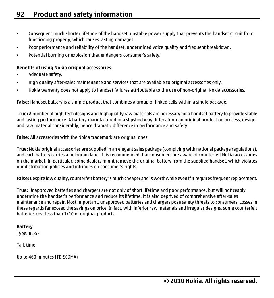 Battery, 92 product and safety information, 2010 nokia. all rights reserved | Nokia X500 User Manual | Page 92 / 121