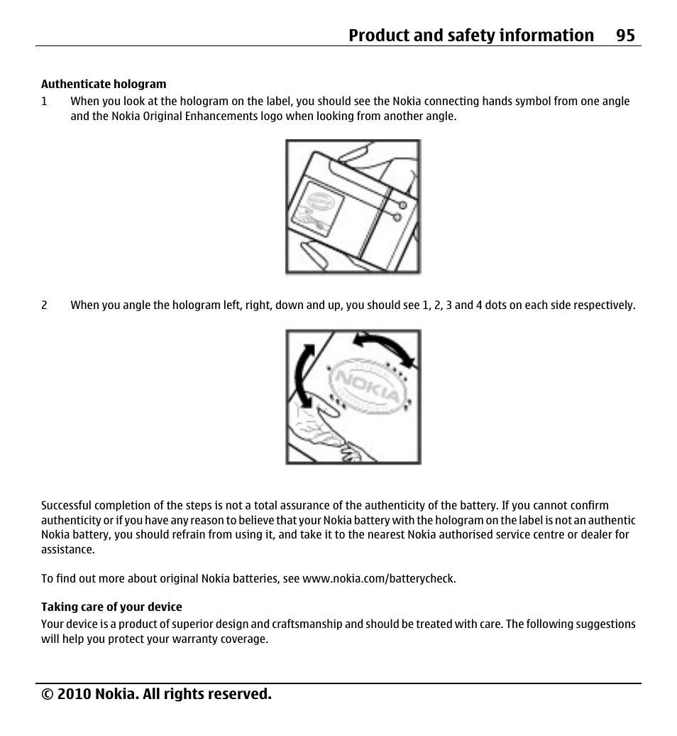 Authenticate hologram, Taking care of your device, Product and safety information 95 | Nokia X500 User Manual | Page 95 / 121