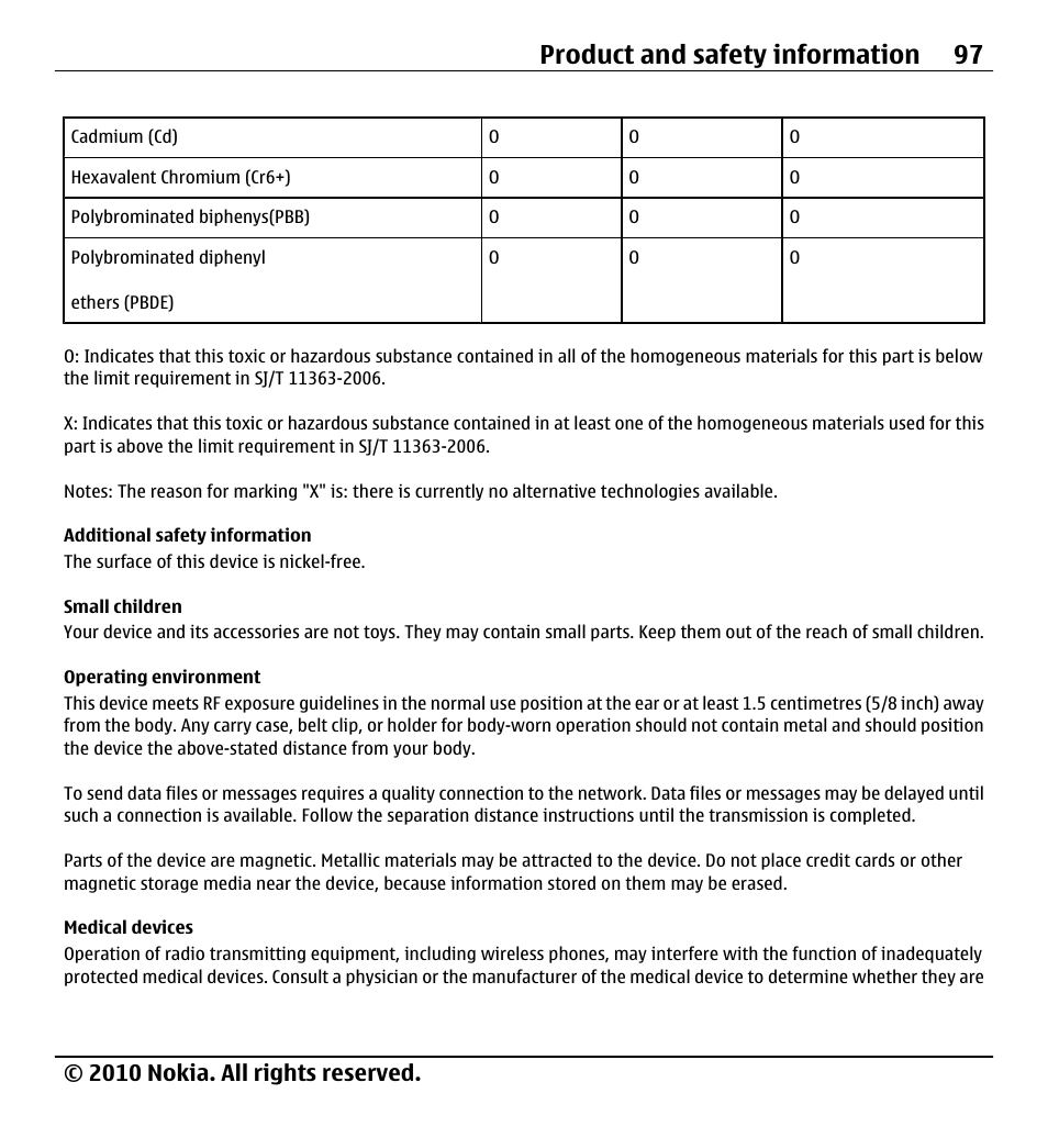 Additional safety information, Small children, Operating environment | Medical devices, Product and safety information 97, 2010 nokia. all rights reserved | Nokia X500 User Manual | Page 97 / 121