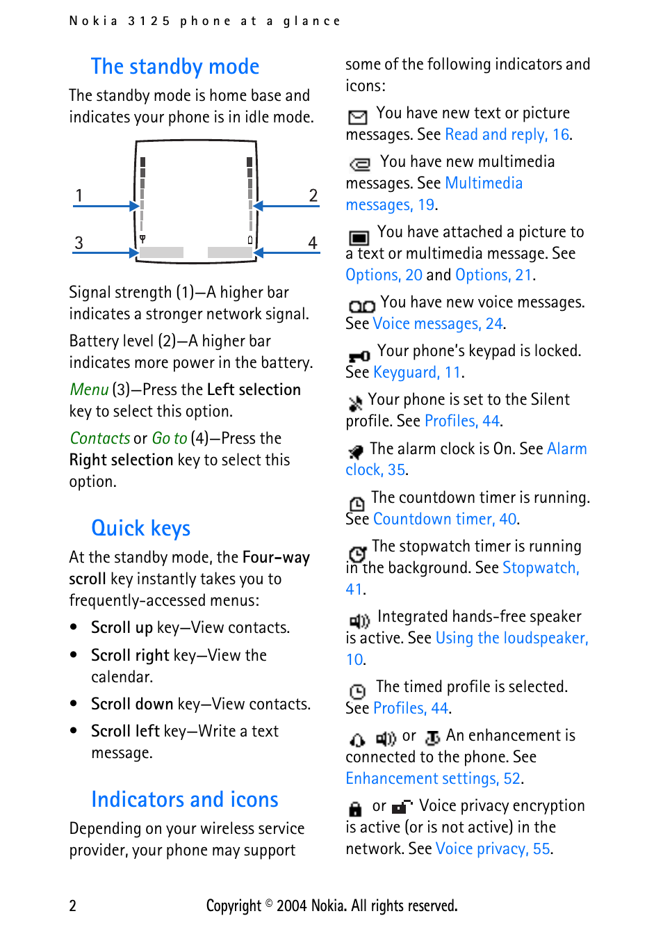 The standby mode, Quick keys, Indicators and icons | The standby mode quick keys indicators and icons | Nokia 3125 User Manual | Page 12 / 87