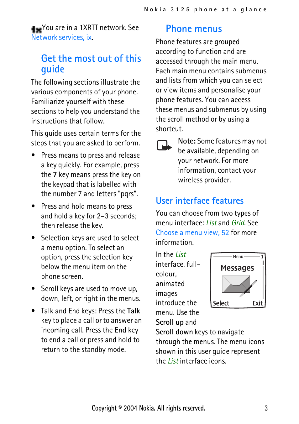 Get the most out of this guide, Phone menus, User interface features | Get the most out of this guide phone menus | Nokia 3125 User Manual | Page 13 / 87