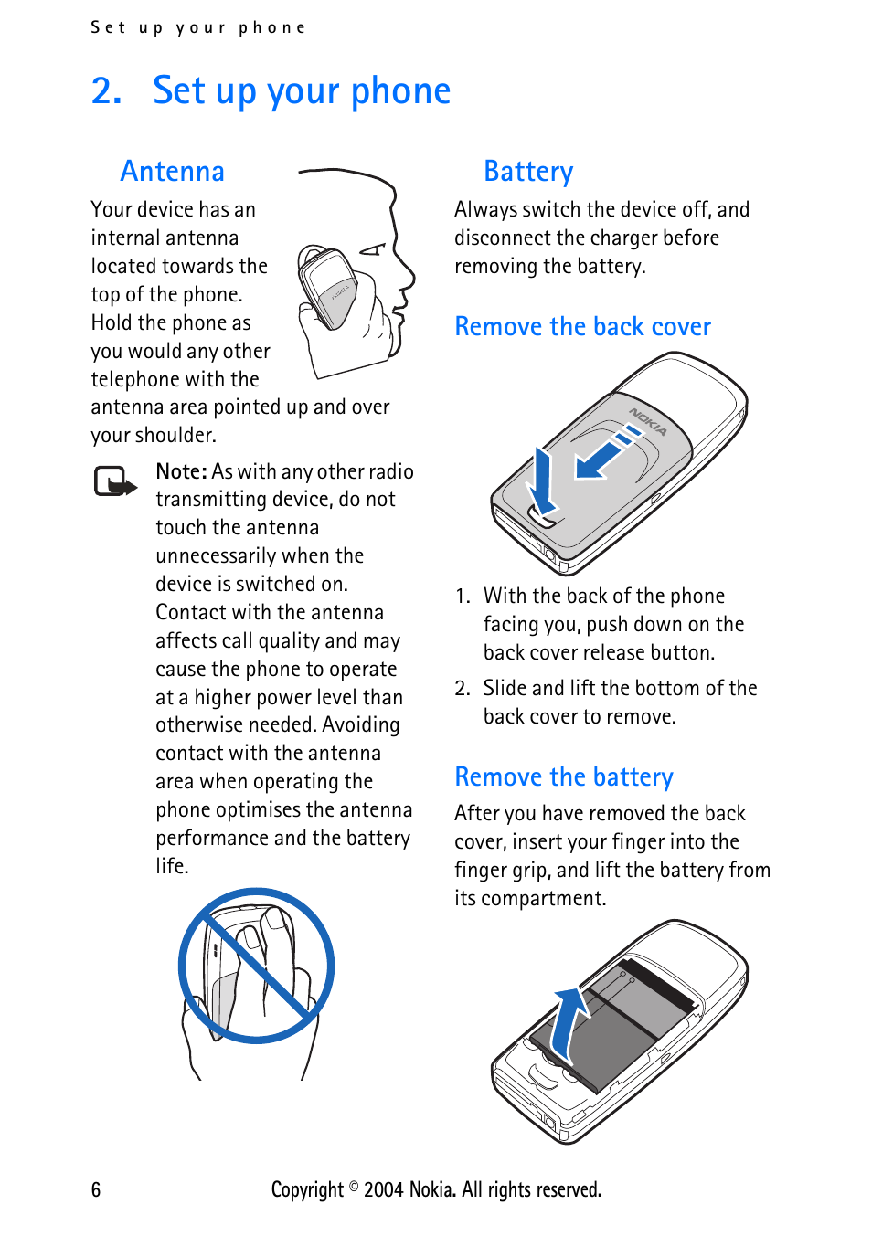 Set up your phone, Antenna, Battery | Remove the battery, Antenna battery, Remove the back cover remove the battery | Nokia 3125 User Manual | Page 16 / 87