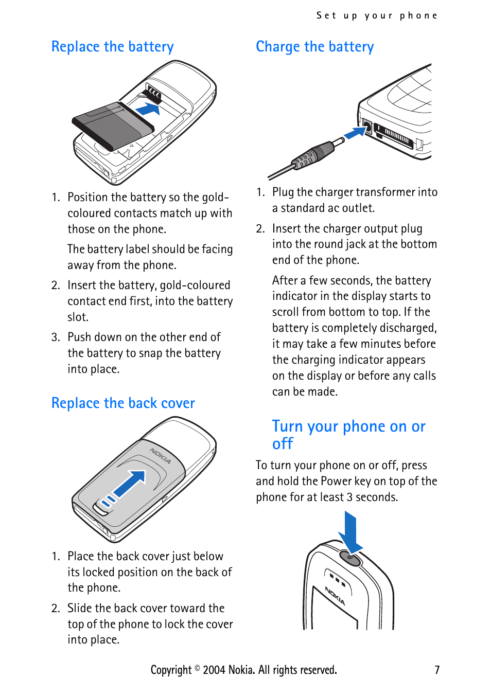 Replace the back cover, Charge the battery, Turn your phone on or off | Replace the battery | Nokia 3125 User Manual | Page 17 / 87