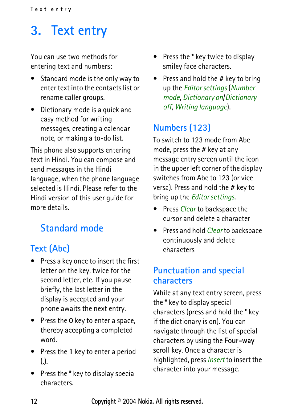 Text entry, Standard mode, Text (abc) | Numbers (123), Punctuation and special characters | Nokia 3125 User Manual | Page 22 / 87