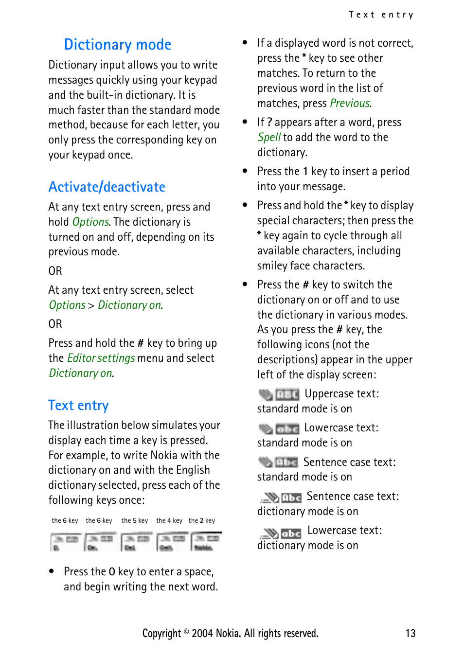 Dictionary mode, Activate/deactivate, Text entry | Activate/deactivate text entry | Nokia 3125 User Manual | Page 23 / 87