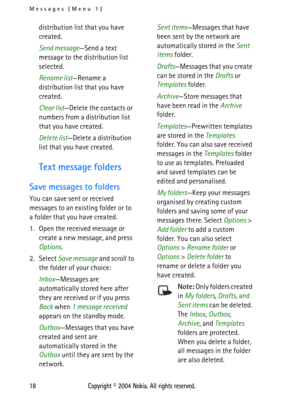 Text message folders, Save messages to folders | Nokia 3125 User Manual | Page 28 / 87