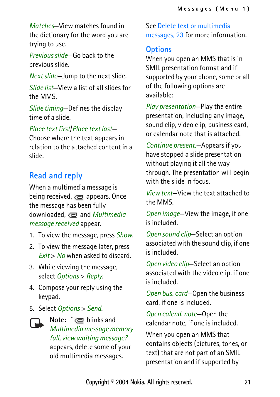 Read and reply, Options, Options, 21 | Nokia 3125 User Manual | Page 31 / 87
