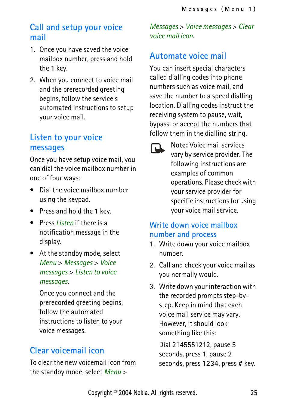 Call and setup your voice mail, Listen to your voice messages, Clear voicemail icon | Automate voice mail, Write down voice mailbox number and process | Nokia 3125 User Manual | Page 35 / 87