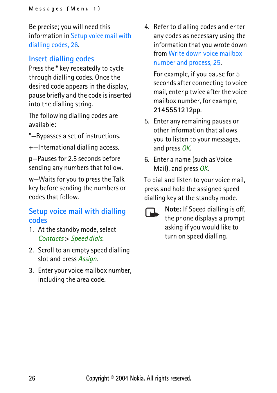 Insert dialling codes, Setup voice mail with dialling codes | Nokia 3125 User Manual | Page 36 / 87