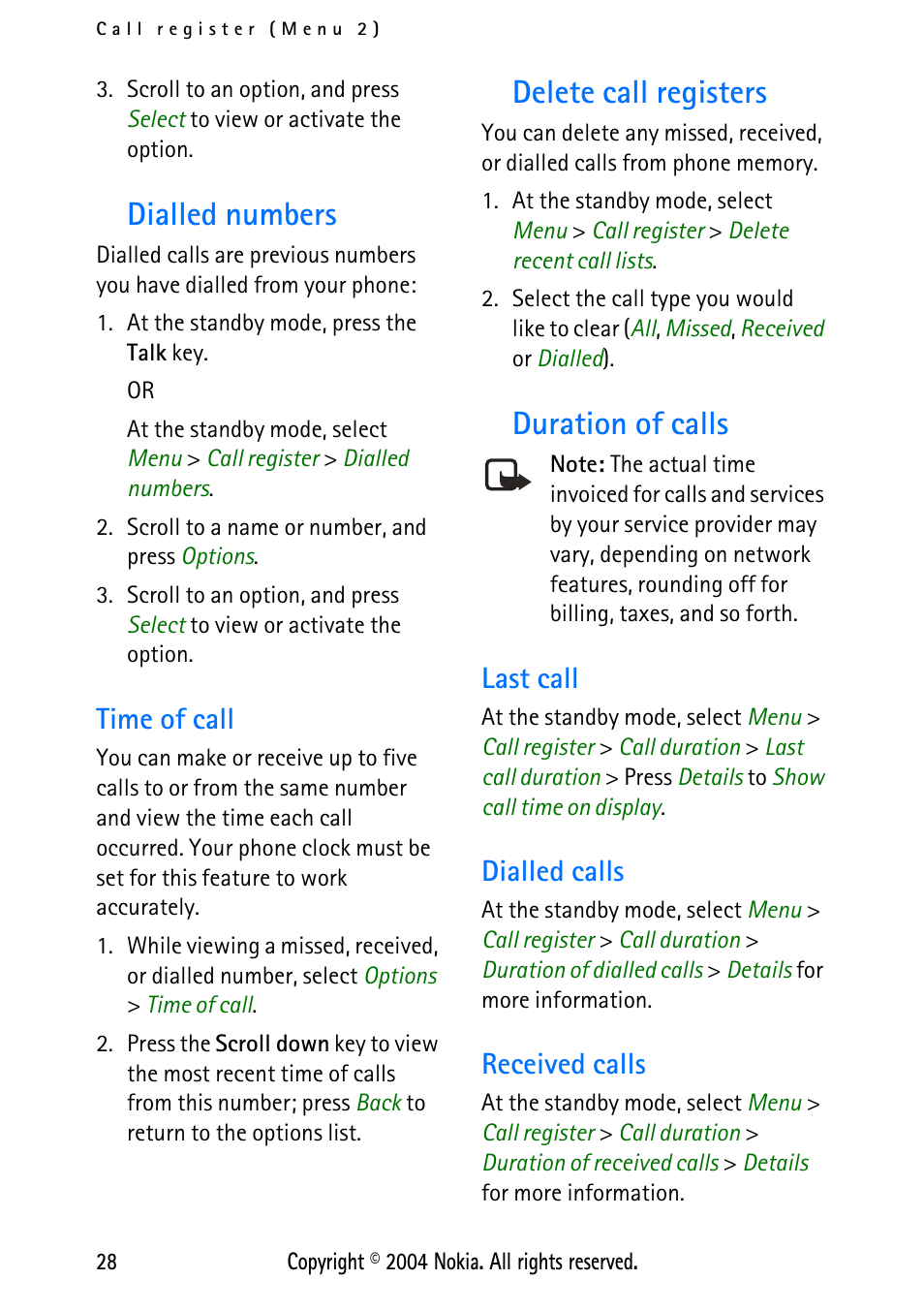 Dialled numbers, Time of call, Delete call registers | Duration of calls, Last call, Dialled calls, Received calls, Delete call registers duration of calls, Last call dialled calls received calls | Nokia 3125 User Manual | Page 38 / 87