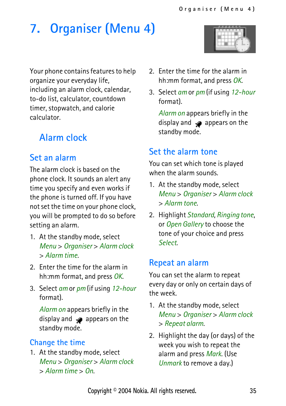 Organiser (menu 4), Alarm clock, Set an alarm | Change the time, Set the alarm tone, Repeat an alarm, Set the alarm tone repeat an alarm, Alarm, Clock, 35 | Nokia 3125 User Manual | Page 45 / 87