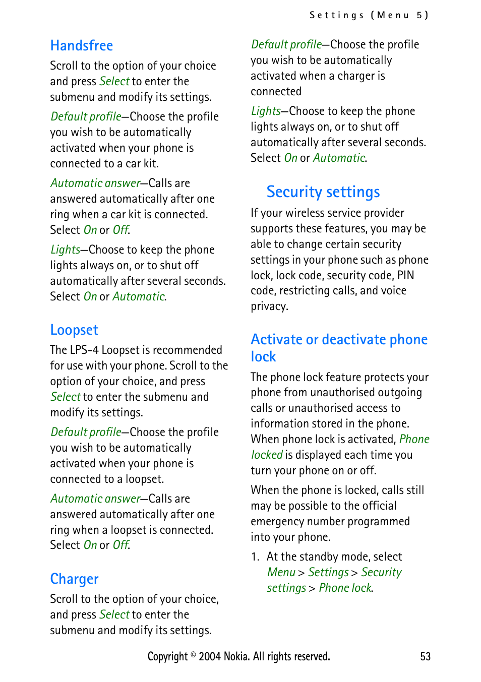 Handsfree, Loopset, Charger | Security settings, Activate or deactivate phone lock, Handsfree loopset charger | Nokia 3125 User Manual | Page 63 / 87