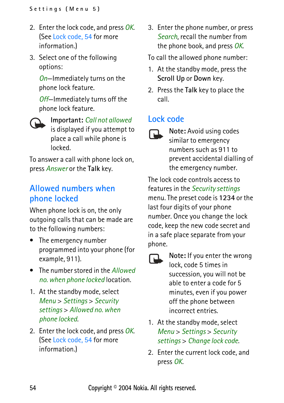 Allowed numbers when phone locked, Lock code, Allowed numbers when phone locked lock code | Lock code, 54, For more | Nokia 3125 User Manual | Page 64 / 87