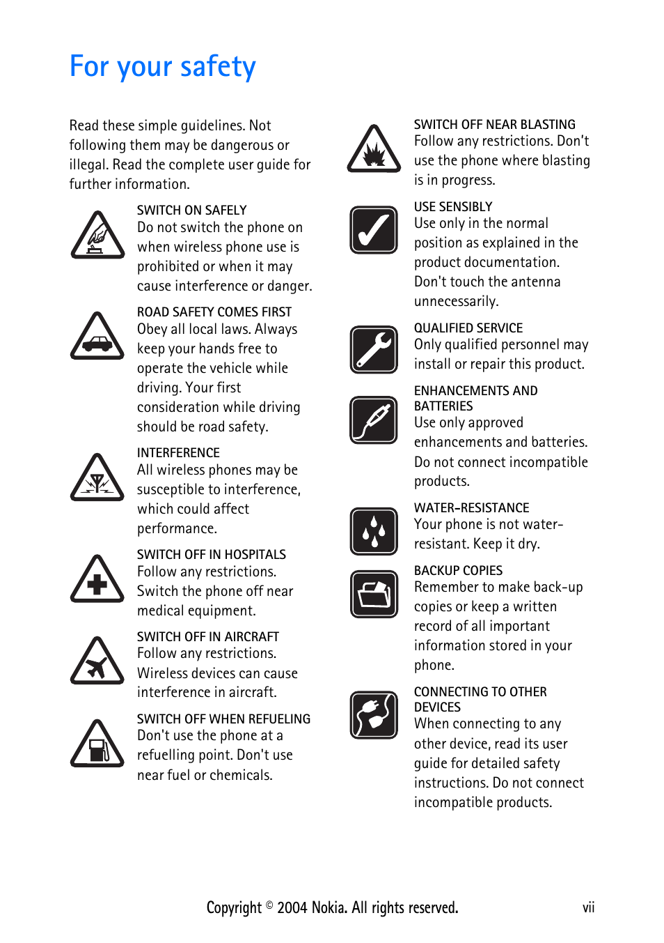 For your safety, For your safety ............................ vii, Copyright © 2004 nokia. all rights reserved | Nokia 3125 User Manual | Page 7 / 87