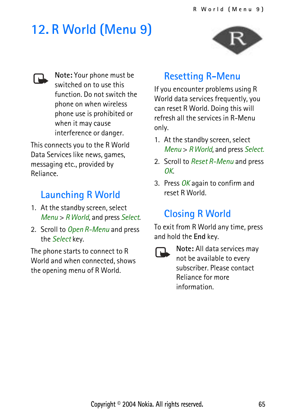 R world (menu 9), Launching r world, Resetting r-menu | Closing r world, Launching r world resetting r-menu closing r world | Nokia 3125 User Manual | Page 75 / 87