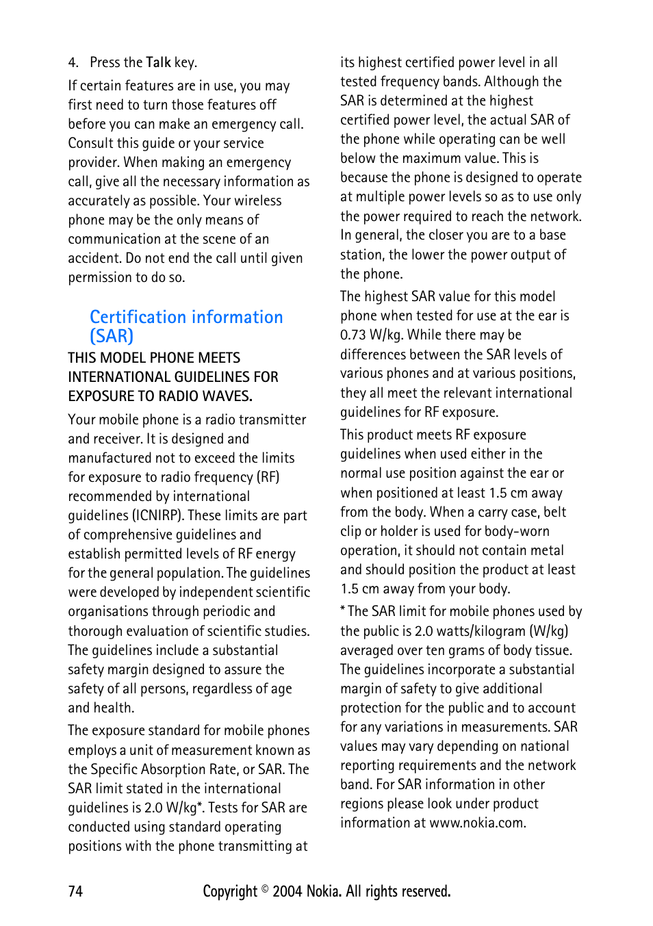 Certification information (sar) | Nokia 3125 User Manual | Page 84 / 87