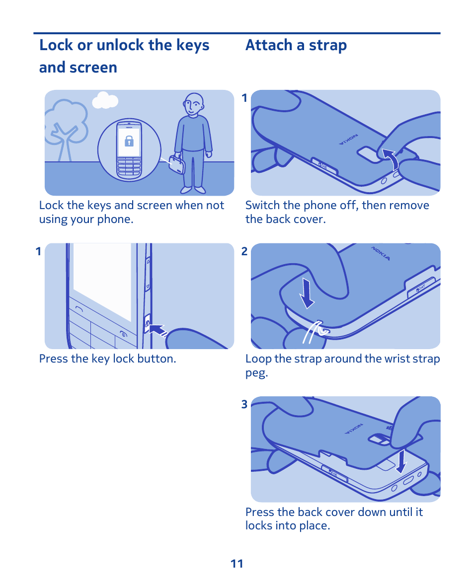 Lock or unlock the keys and screen, Attach a strap | Nokia 202 User Manual | Page 11 / 60