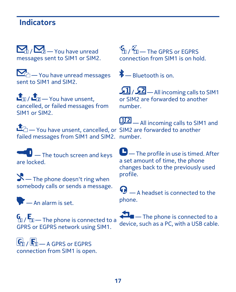 Indicators | Nokia 202 User Manual | Page 17 / 60