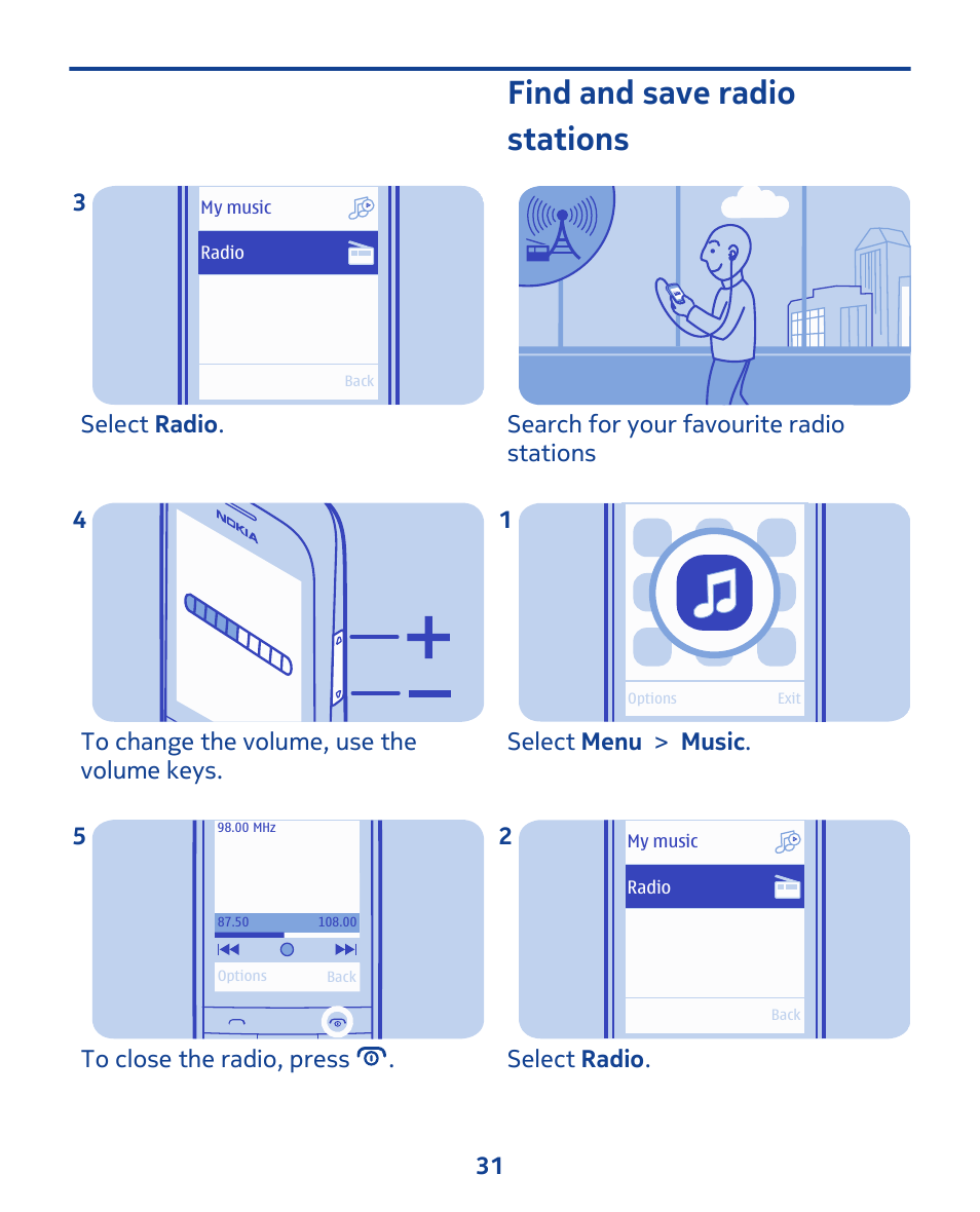 Find and save radio stations | Nokia 202 User Manual | Page 31 / 60