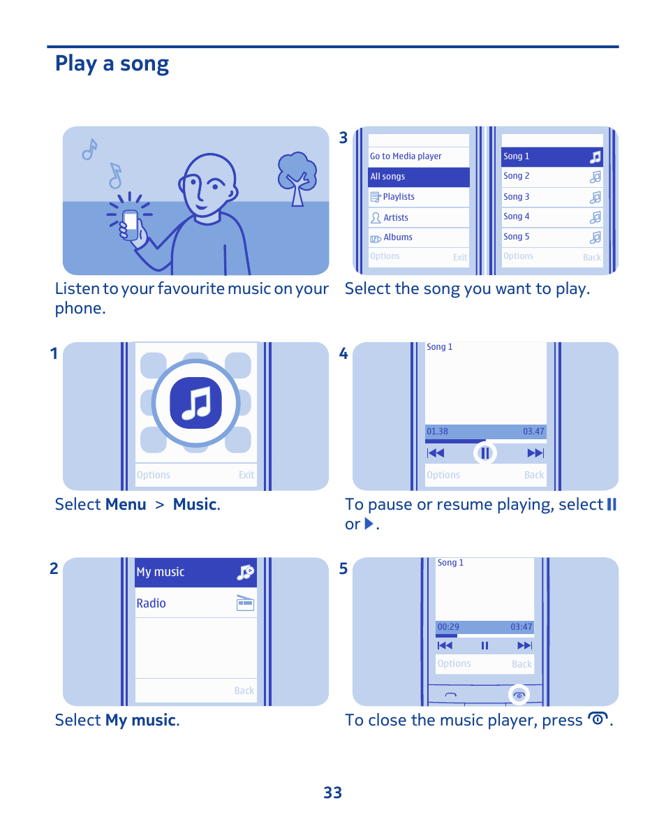 Play a song, Listen to your favourite music on your phone, Select menu > music . 1 | Select my music . 2, Select the song you want to play. 3 | Nokia 202 User Manual | Page 33 / 60
