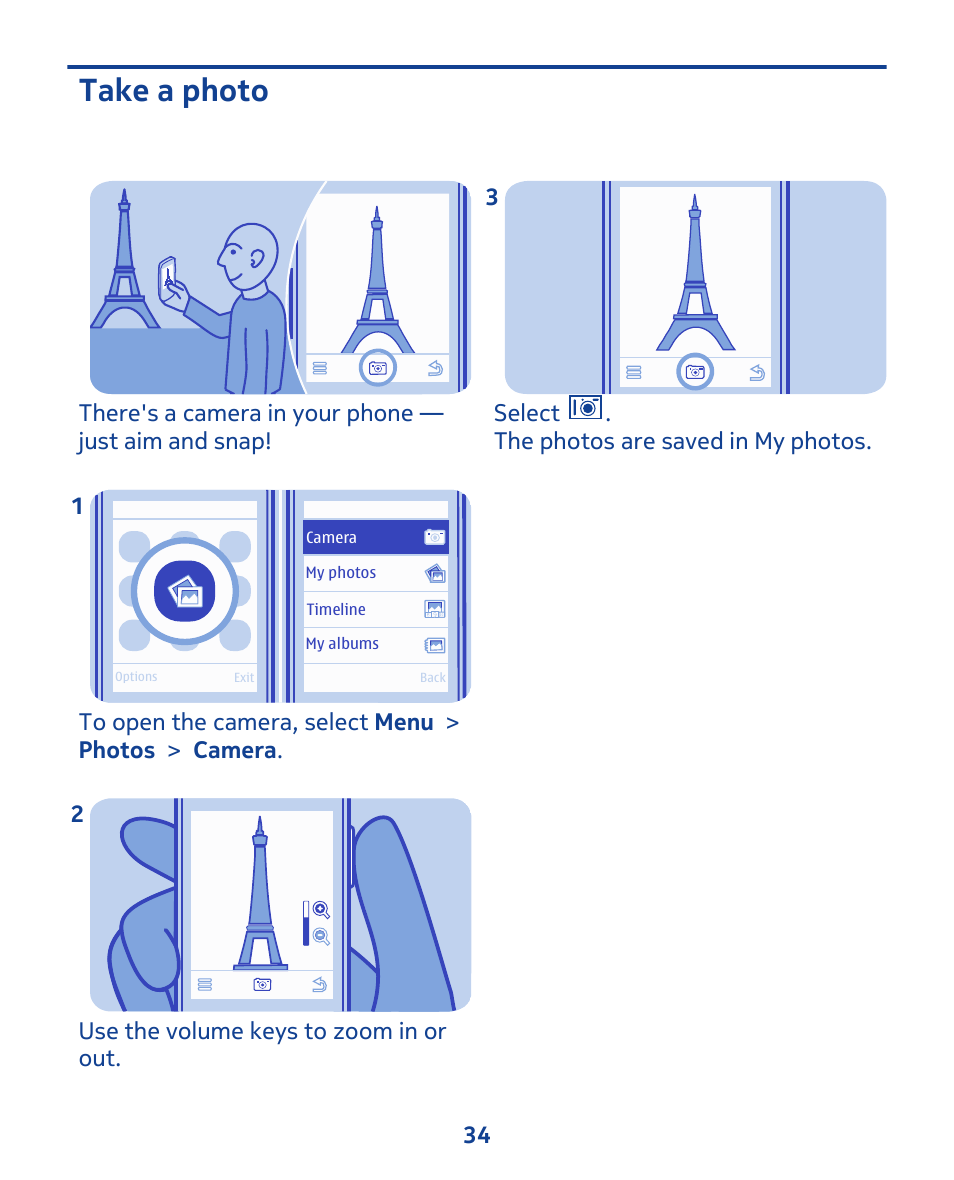 Take a photo | Nokia 202 User Manual | Page 34 / 60