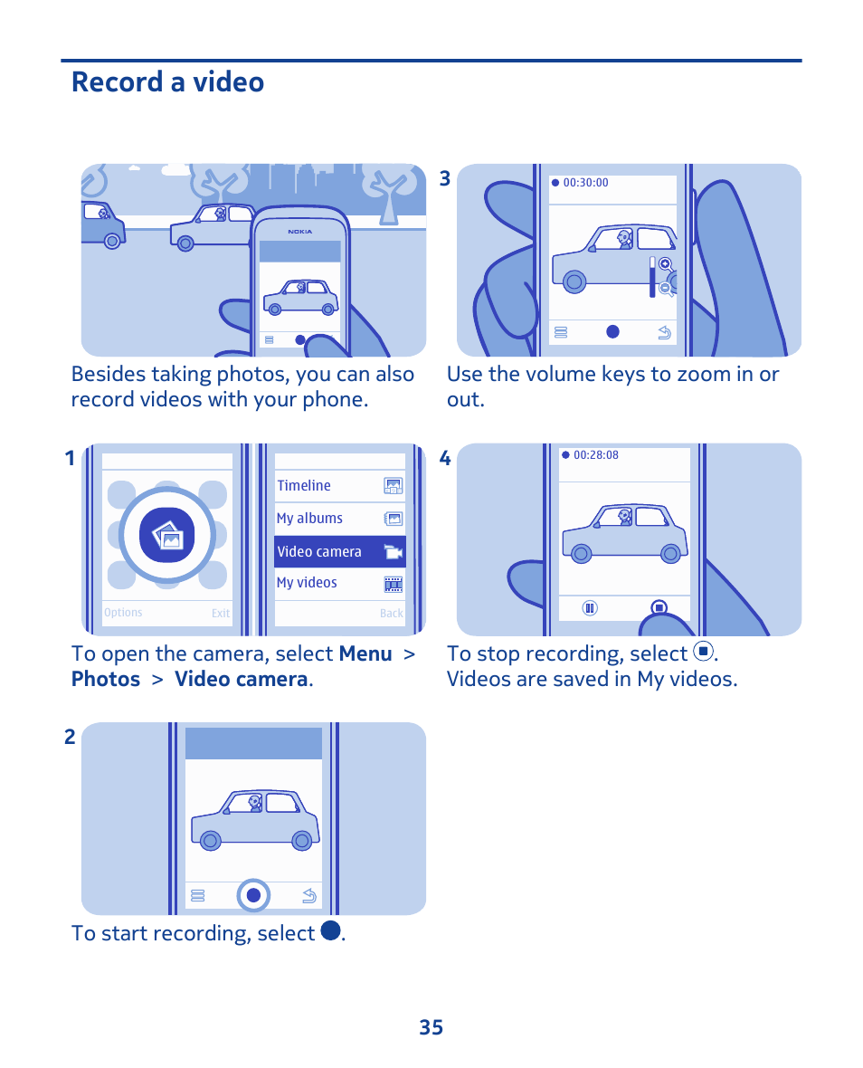 Record a video | Nokia 202 User Manual | Page 35 / 60