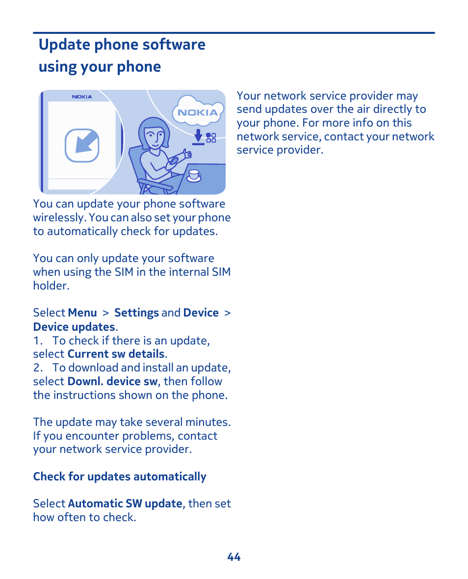 Update phone software using your phone | Nokia 202 User Manual | Page 44 / 60