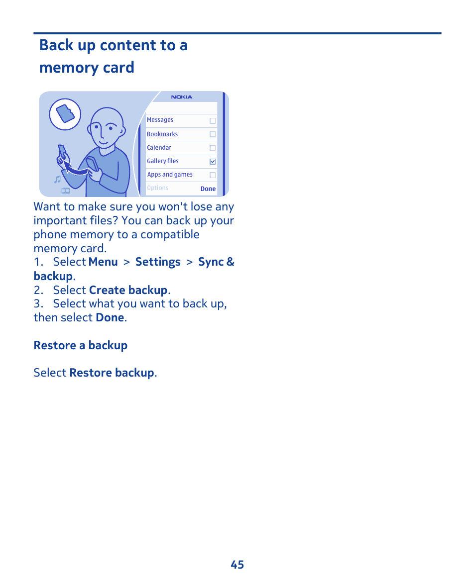 Back up content to a memory card | Nokia 202 User Manual | Page 45 / 60