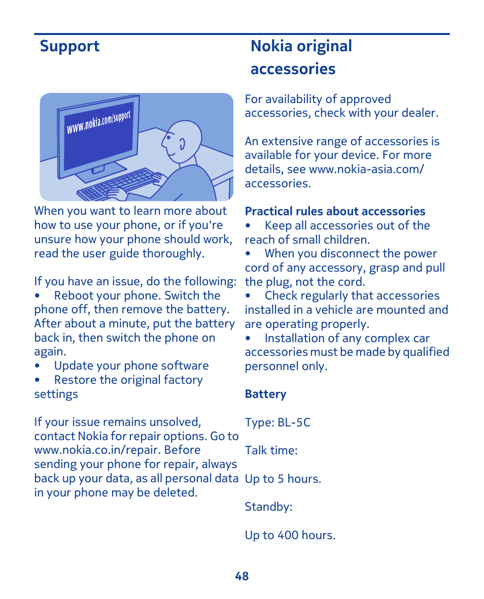 Support, Nokia original accessories, Practical rules about accessories | Battery | Nokia 202 User Manual | Page 48 / 60