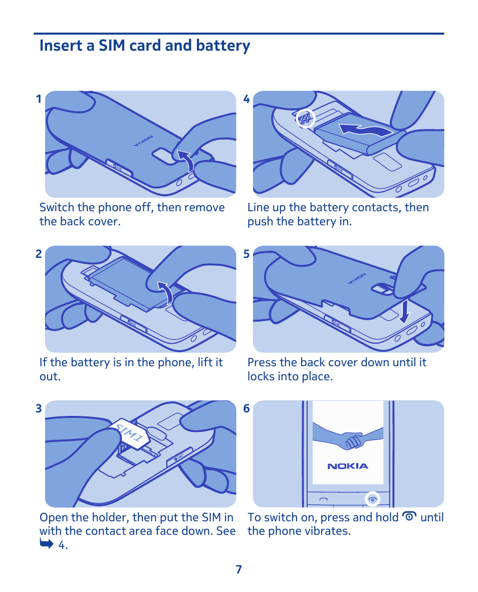 Insert a sim card and battery | Nokia 202 User Manual | Page 7 / 60